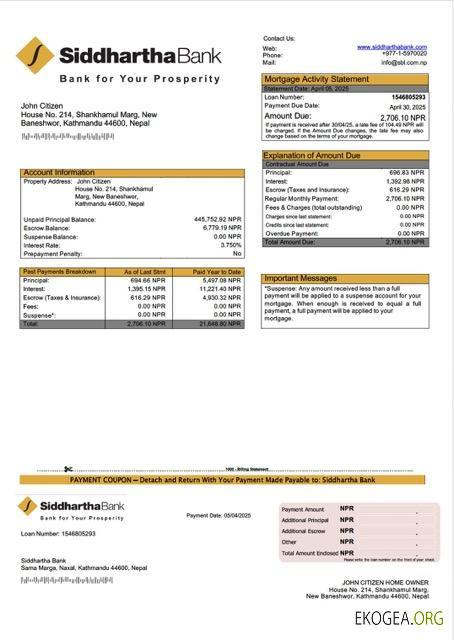 Modèle Word et PDF de relevé hypothécaire de la Nepal Siddhartha Bank